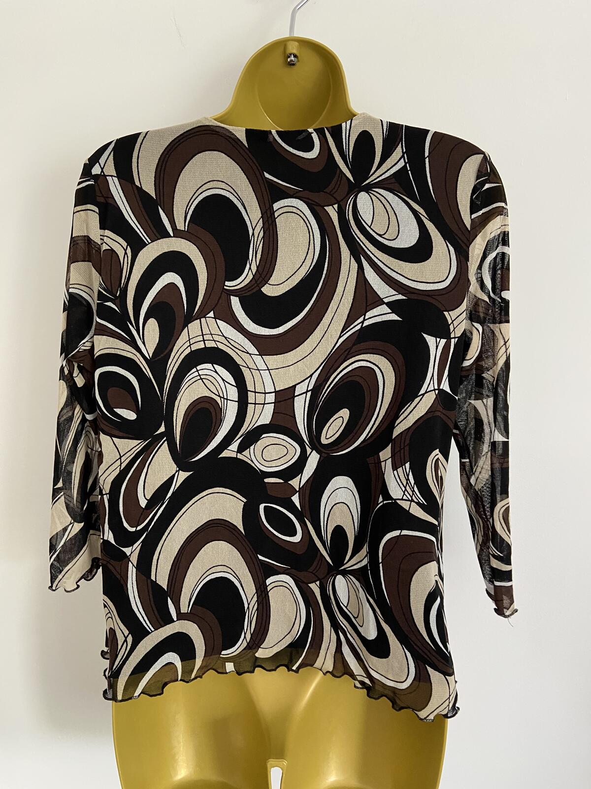 Saloos Black, Beige & Brown Abstract V-Neck Top - Size Medium