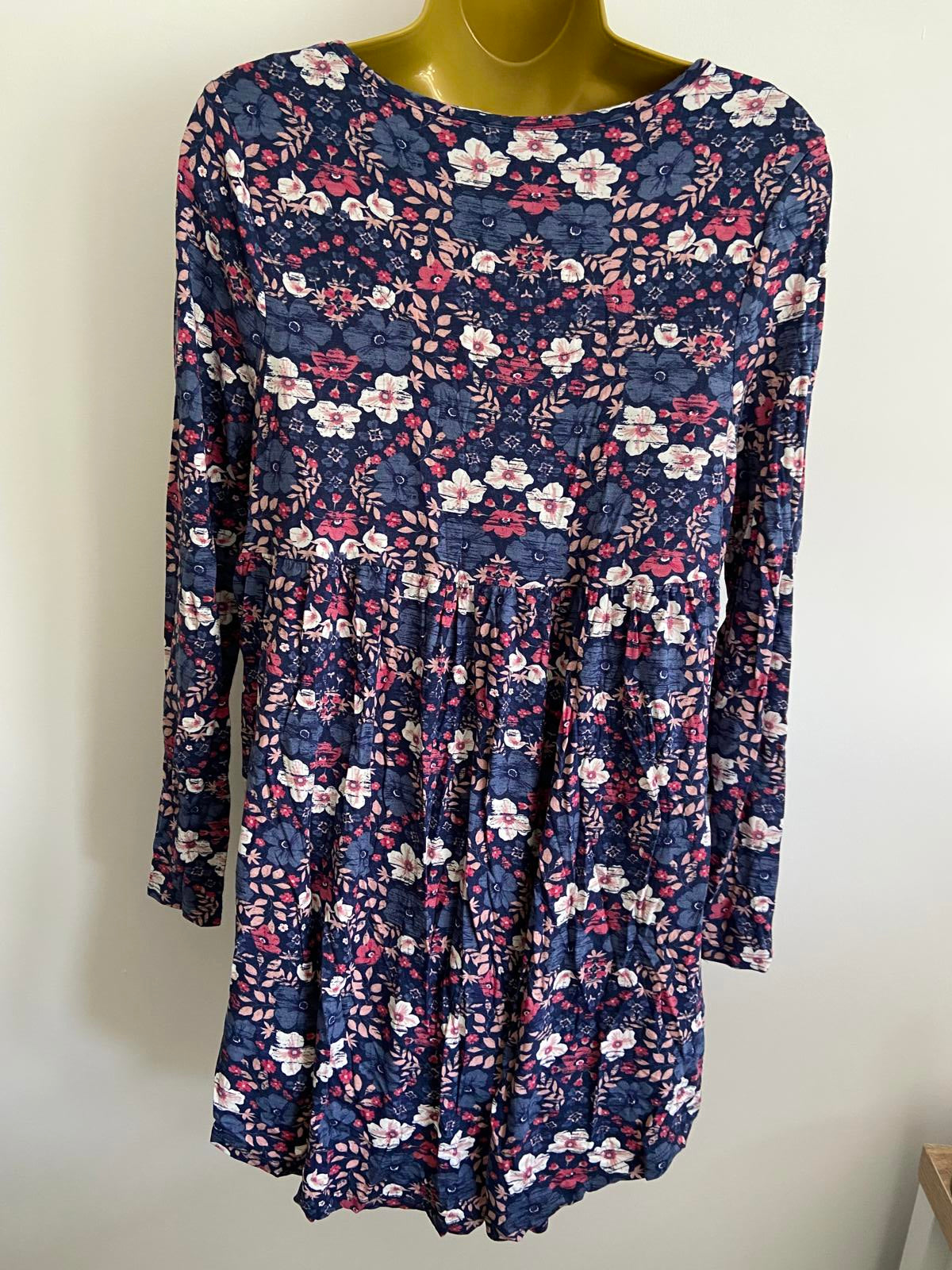 TU Navy Floral Top - Long Sleeve, Round Neck, Size 12