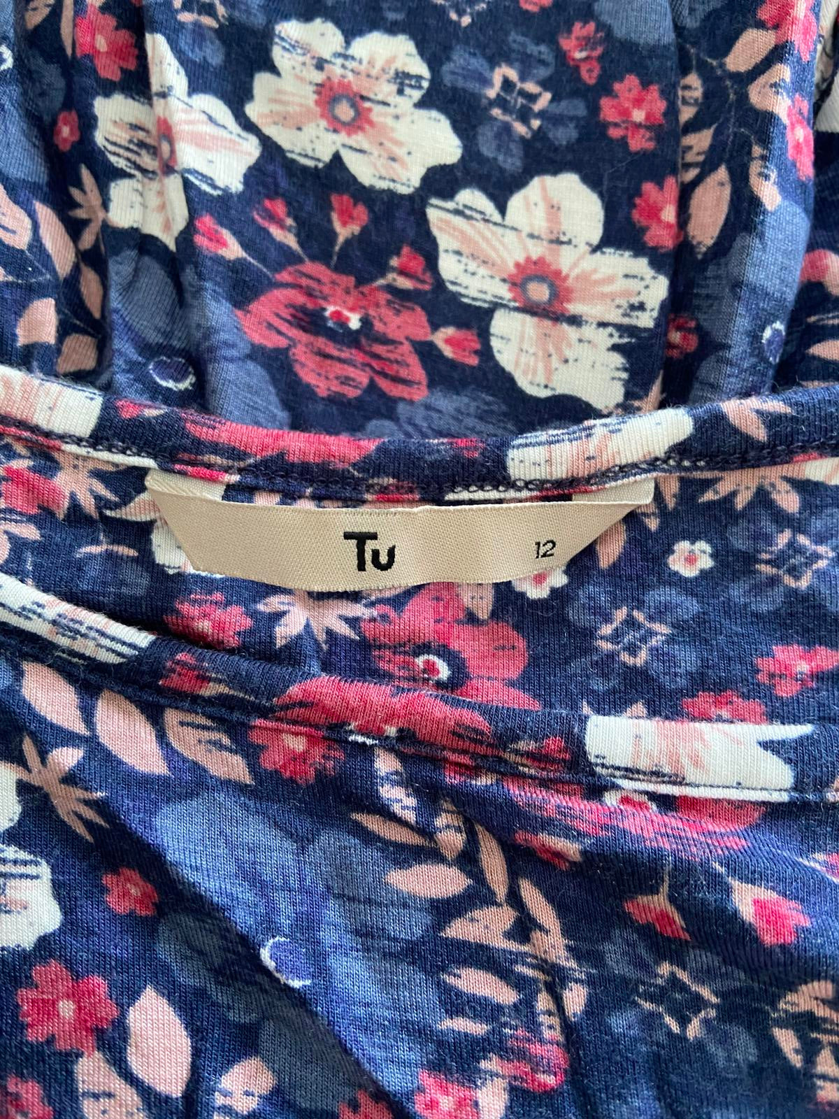 TU Navy Floral Top - Long Sleeve, Round Neck, Size 12