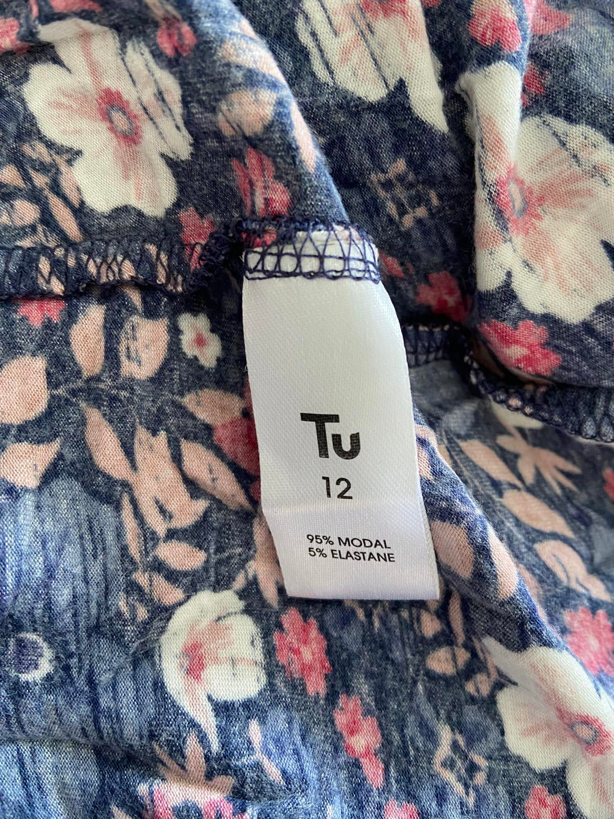 TU Navy Floral Top - Long Sleeve, Round Neck, Size 12