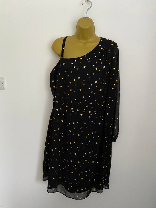 George Size 12 Black Gold Star Print One Shoulder Dress Eyelet Detail Lined