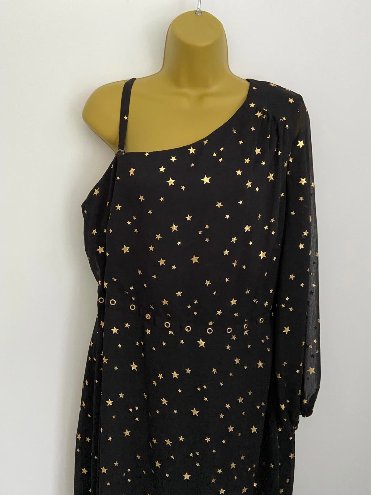 George Size 12 Black Gold Star Print One Shoulder Dress Eyelet Detail Lined