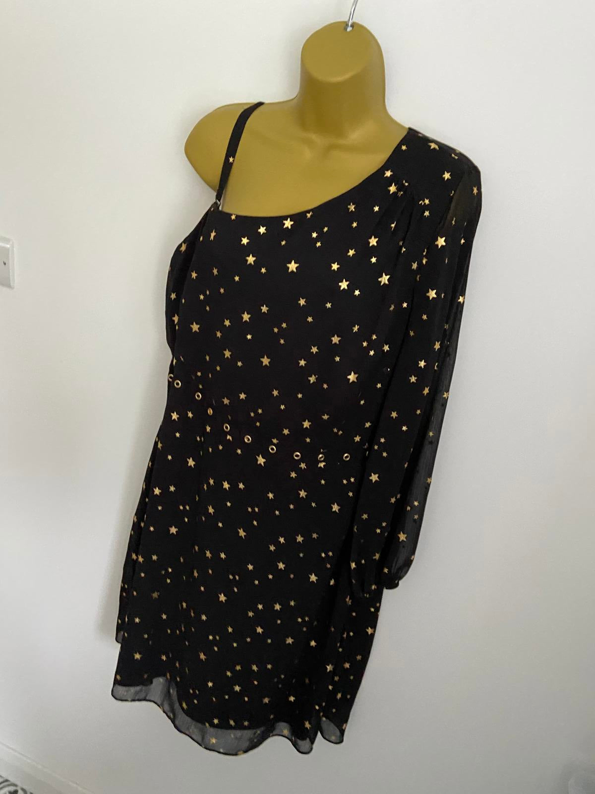George Size 12 Black Gold Star Print One Shoulder Dress Eyelet Detail Lined