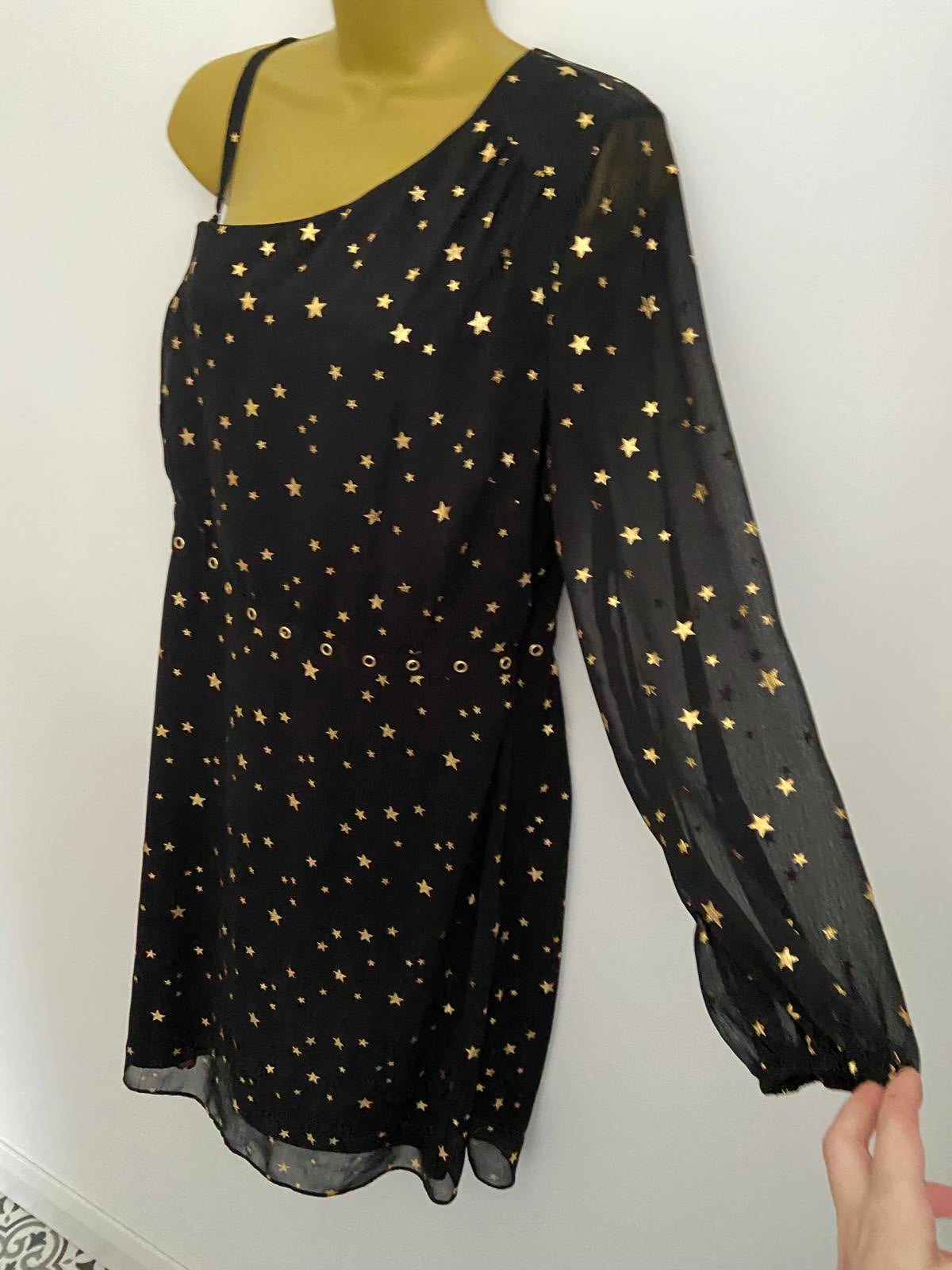George Size 12 Black Gold Star Print One Shoulder Dress Eyelet Detail Lined