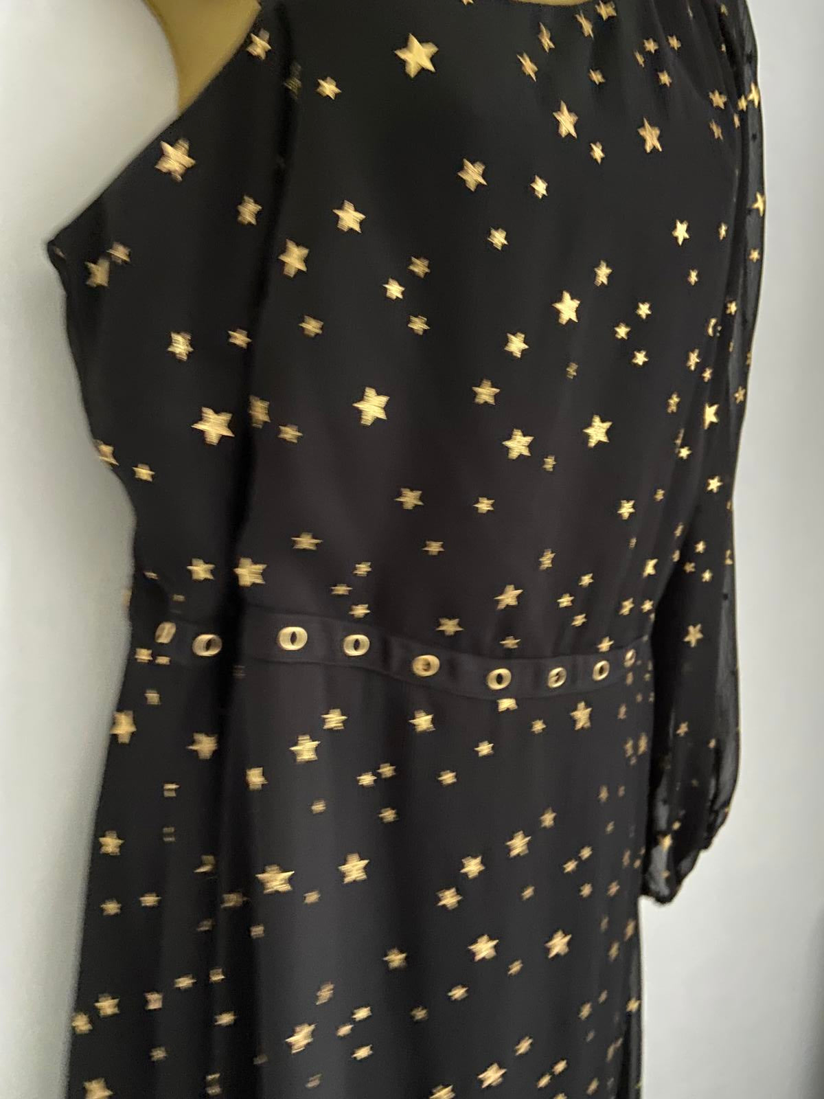 George Size 12 Black Gold Star Print One Shoulder Dress Eyelet Detail Lined