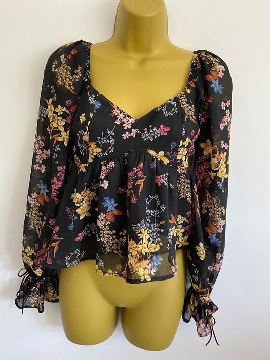 Abercrombie & Fitch Black Sheer Floral Blouse - V-Neck, Size XS