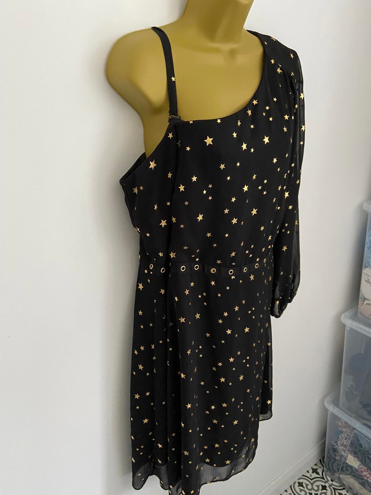 George Size 12 Black Gold Star Print One Shoulder Dress Eyelet Detail Lined
