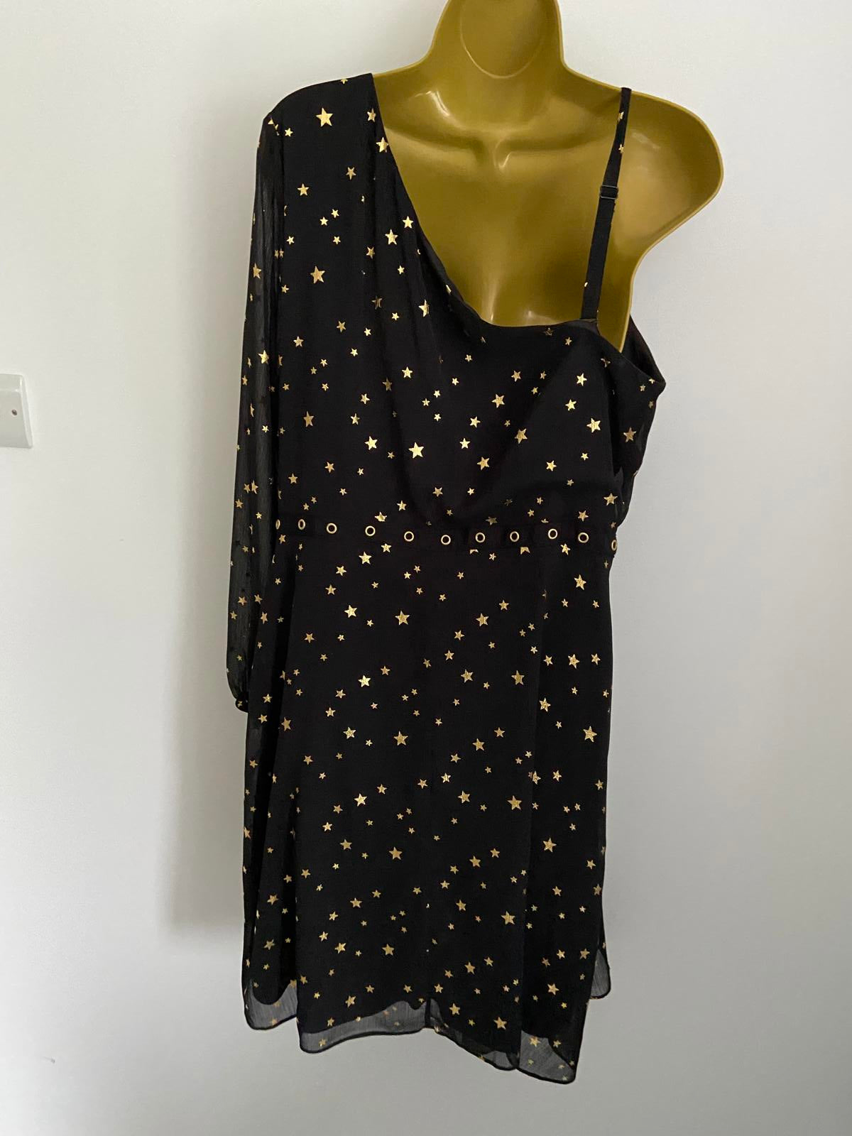 George Size 12 Black Gold Star Print One Shoulder Dress Eyelet Detail Lined