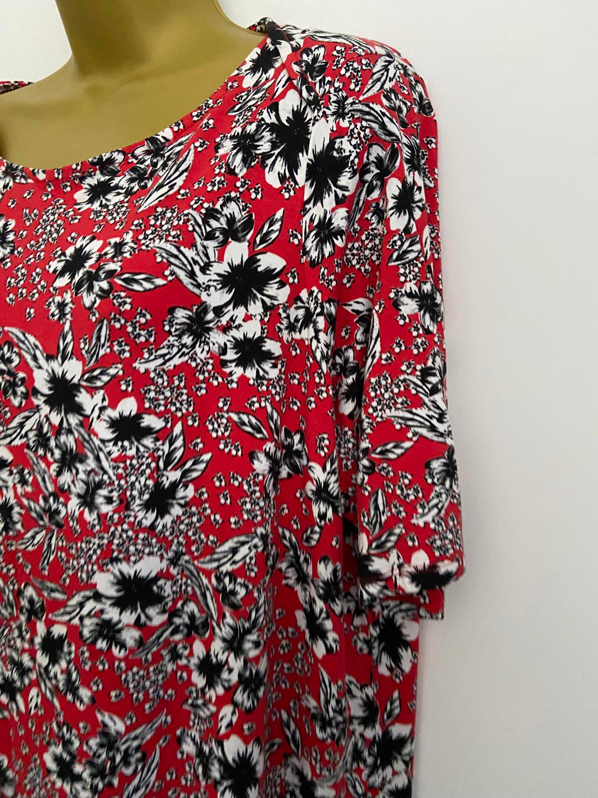 Red Floral T-Shirt Dress Short Sleeve Round Neck Summer Casual Mini Size 16