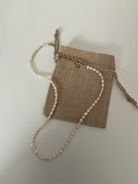 Tiny Faux Pearl Stone Necklace - Gold Coloured Clasp, 40cm Length
