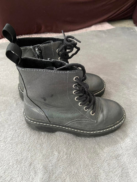 H&M Girls Size 1 UK Grey Glitter Combat Boots Side Zip Ankle Booties size 1