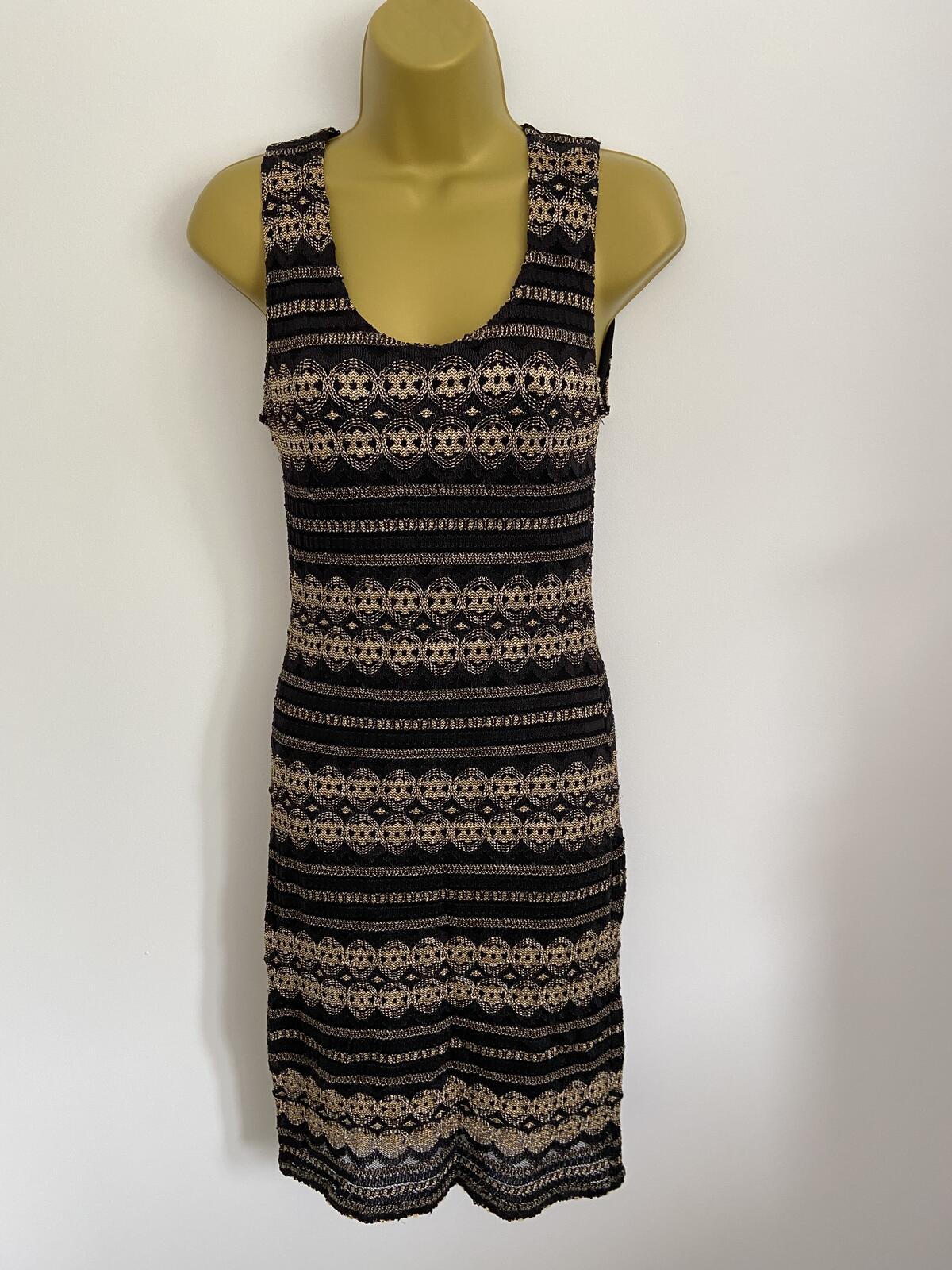 Wallis Black and Gold Knit Lace Effect Dress - Size 12