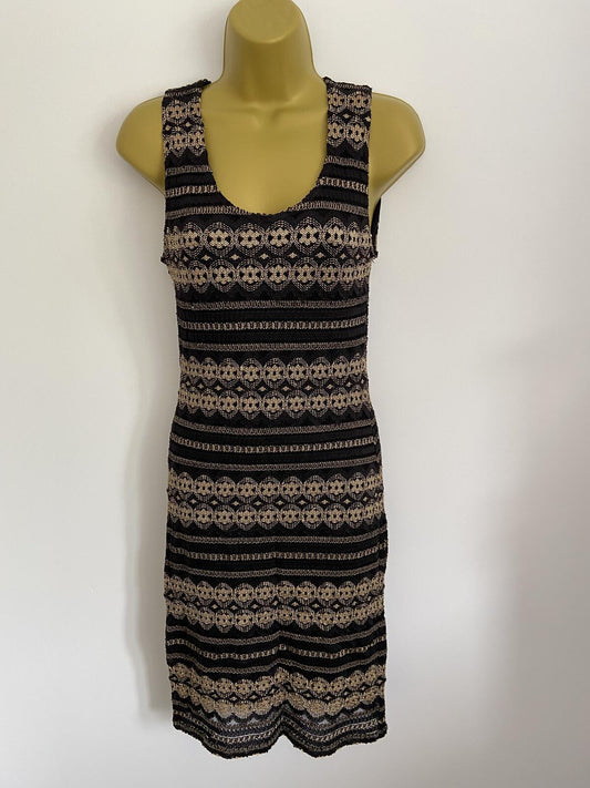Wallis Black and Gold Knit Lace Effect Dress - Size 12