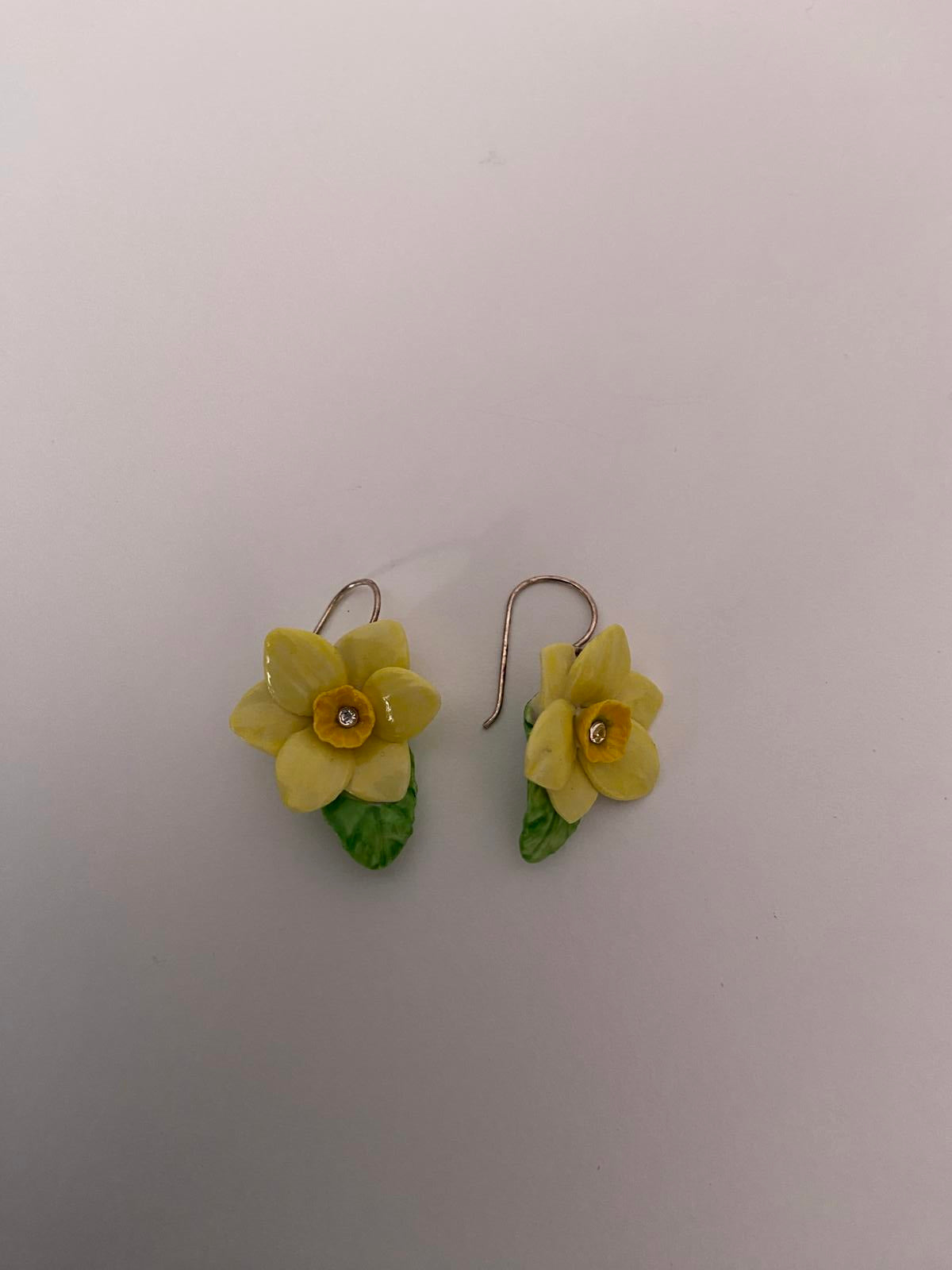 Pair of Dangling Daffodil Earrings - Yellow, Diamanté Centre, Green Leaf, 3cm