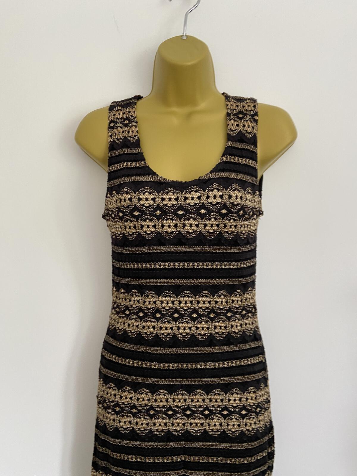 Wallis Black and Gold Knit Lace Effect Dress - Size 12