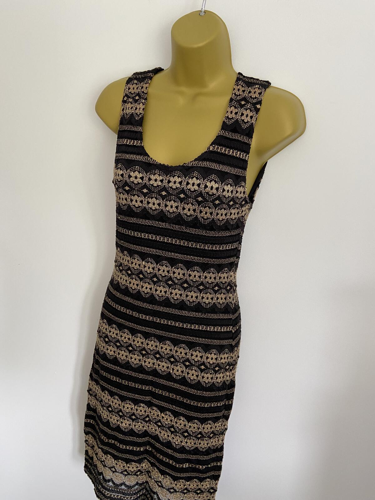 Wallis Black and Gold Knit Lace Effect Dress - Size 12