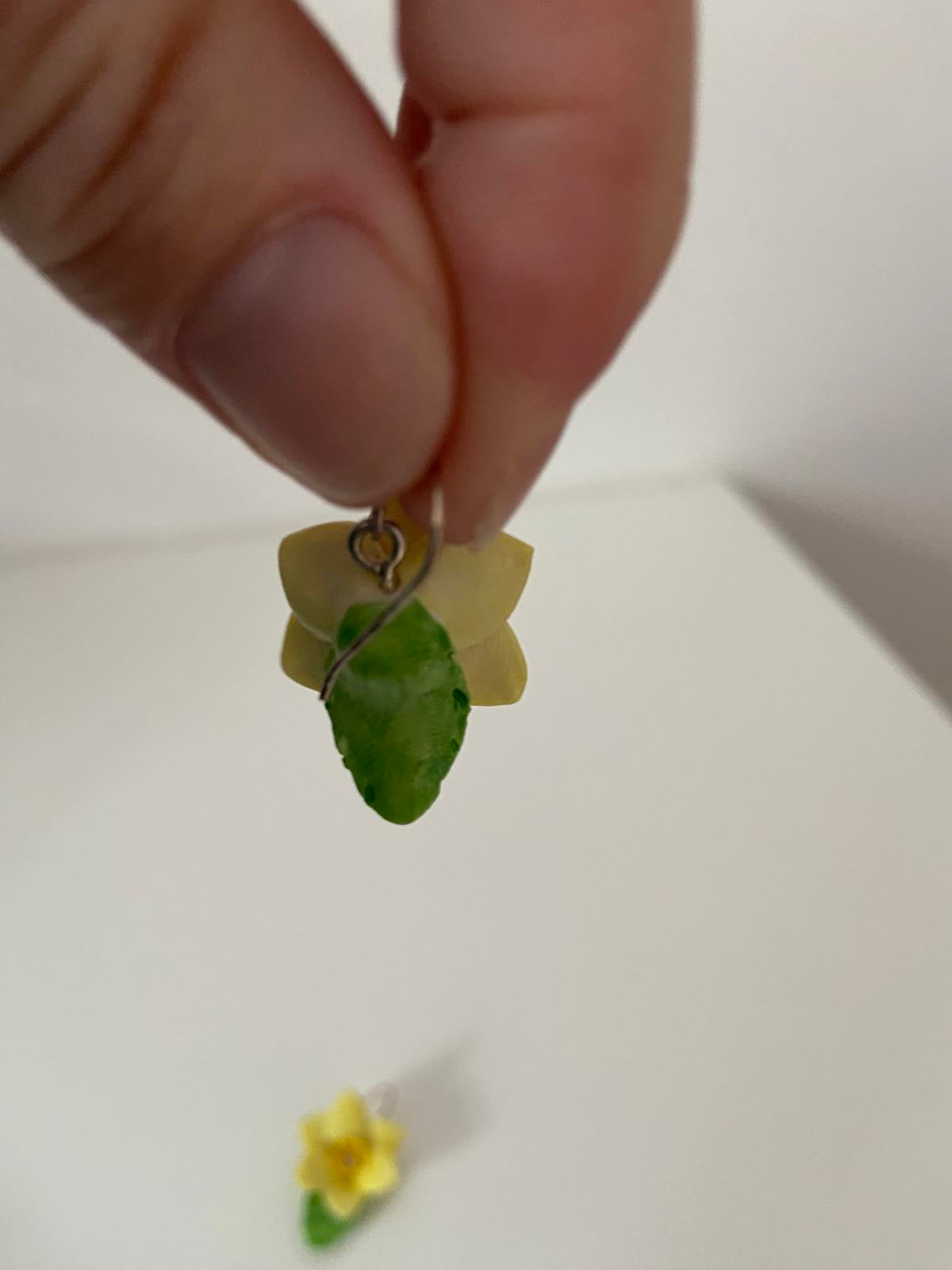 Pair of Dangling Daffodil Earrings - Yellow, Diamanté Centre, Green Leaf, 3cm