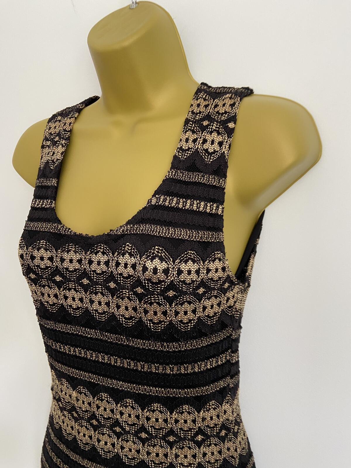 Wallis Black and Gold Knit Lace Effect Dress - Size 12