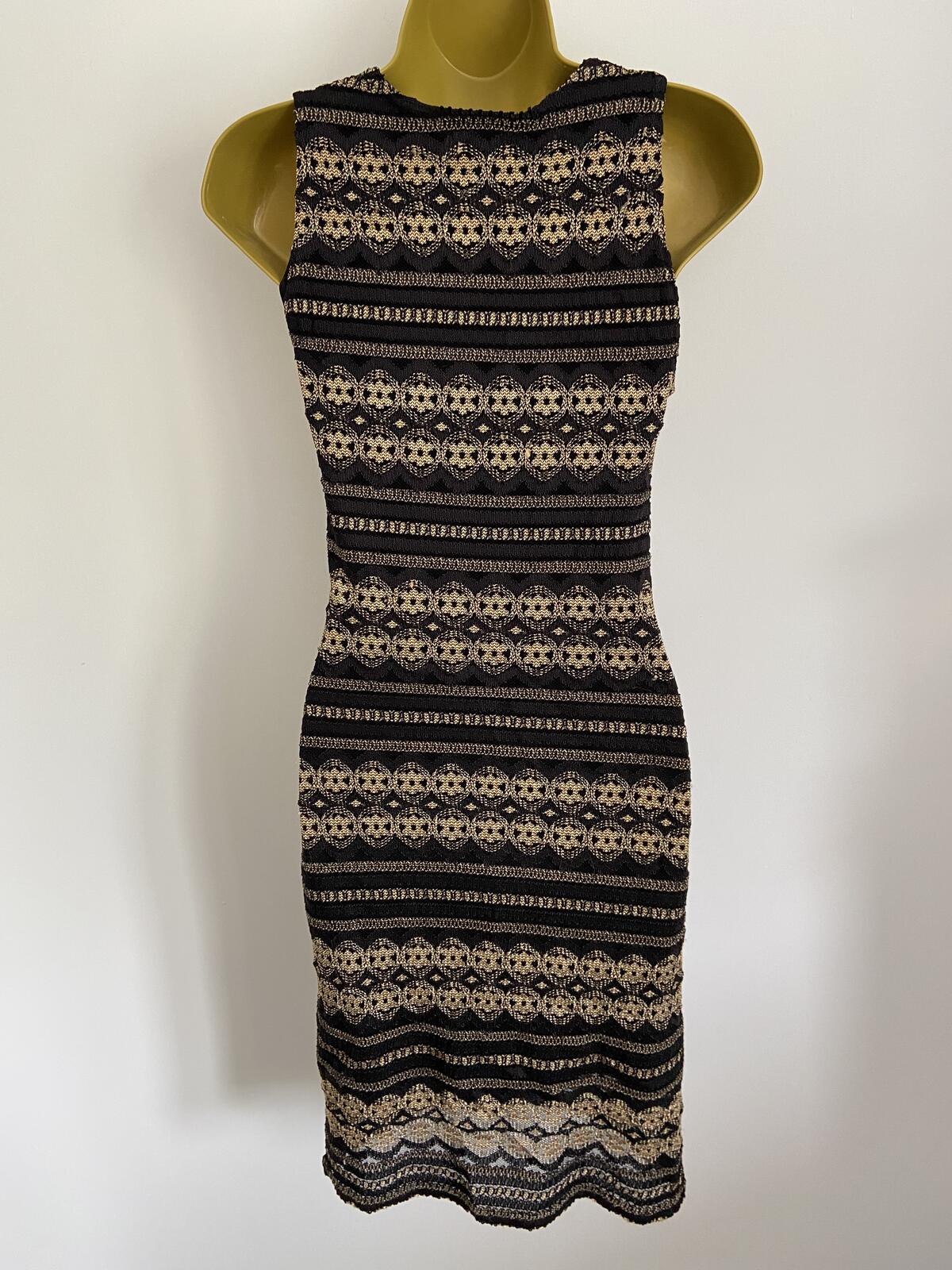 Wallis Black and Gold Knit Lace Effect Dress - Size 12