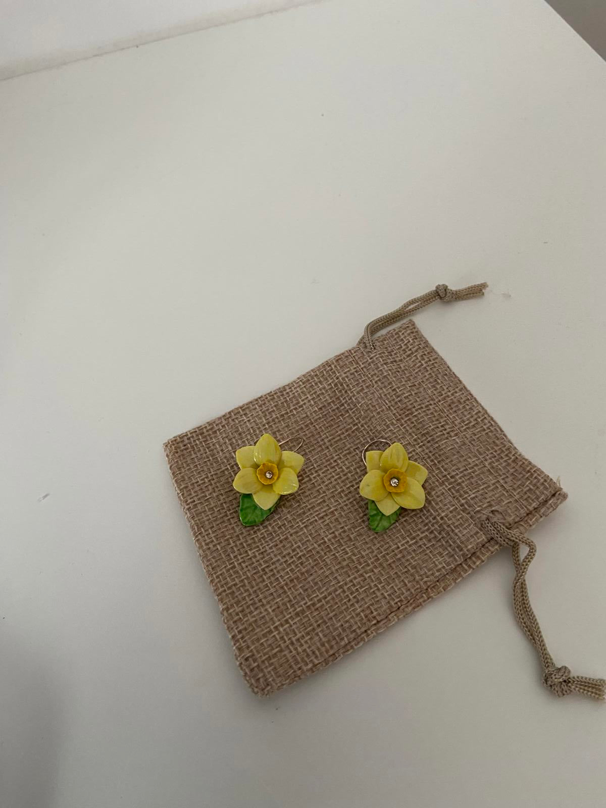 Pair of Dangling Daffodil Earrings - Yellow, Diamanté Centre, Green Leaf, 3cm