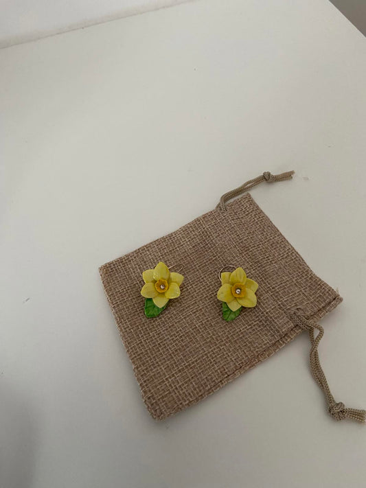 Pair of Dangling Daffodil Earrings - Yellow, Diamanté Centre, Green Leaf, 3cm