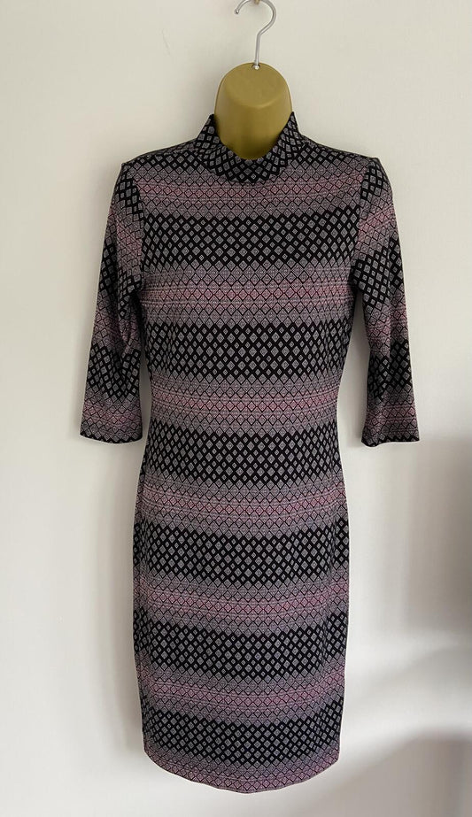 Atmosphere Black and Purple Geometric High Neck Midi Dress - Size 10