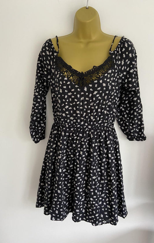 Superdry Black Floral Lace Detail Mini Dress - Size S