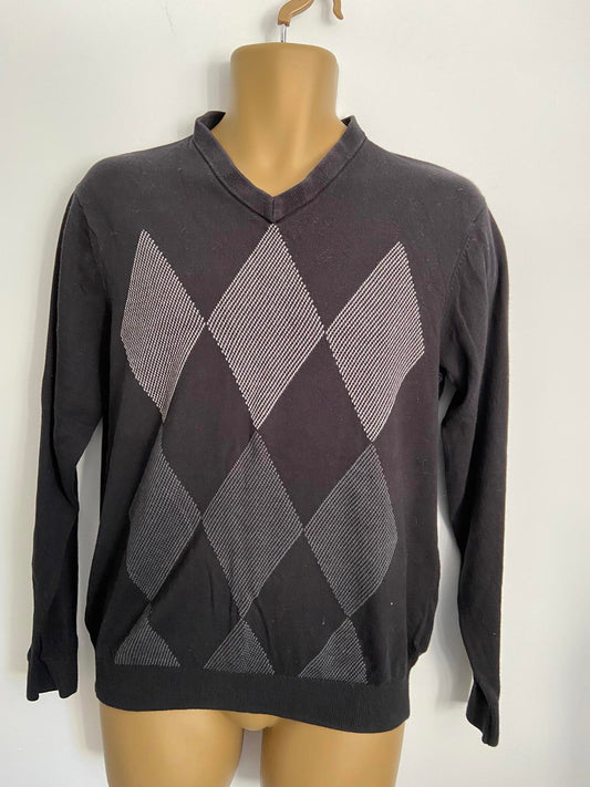 Ashworth Size Medium Black 100% Cotton V-Neck Golf Jumper Diamond Argyle Print
