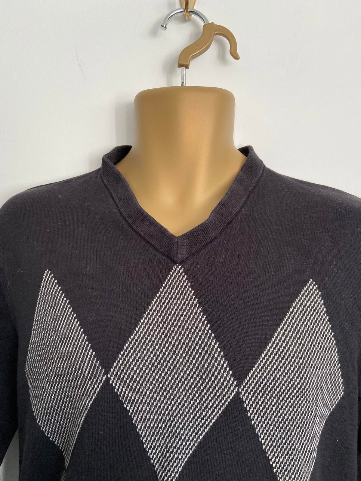 Ashworth Size Medium Black 100% Cotton V-Neck Golf Jumper Diamond Argyle Print