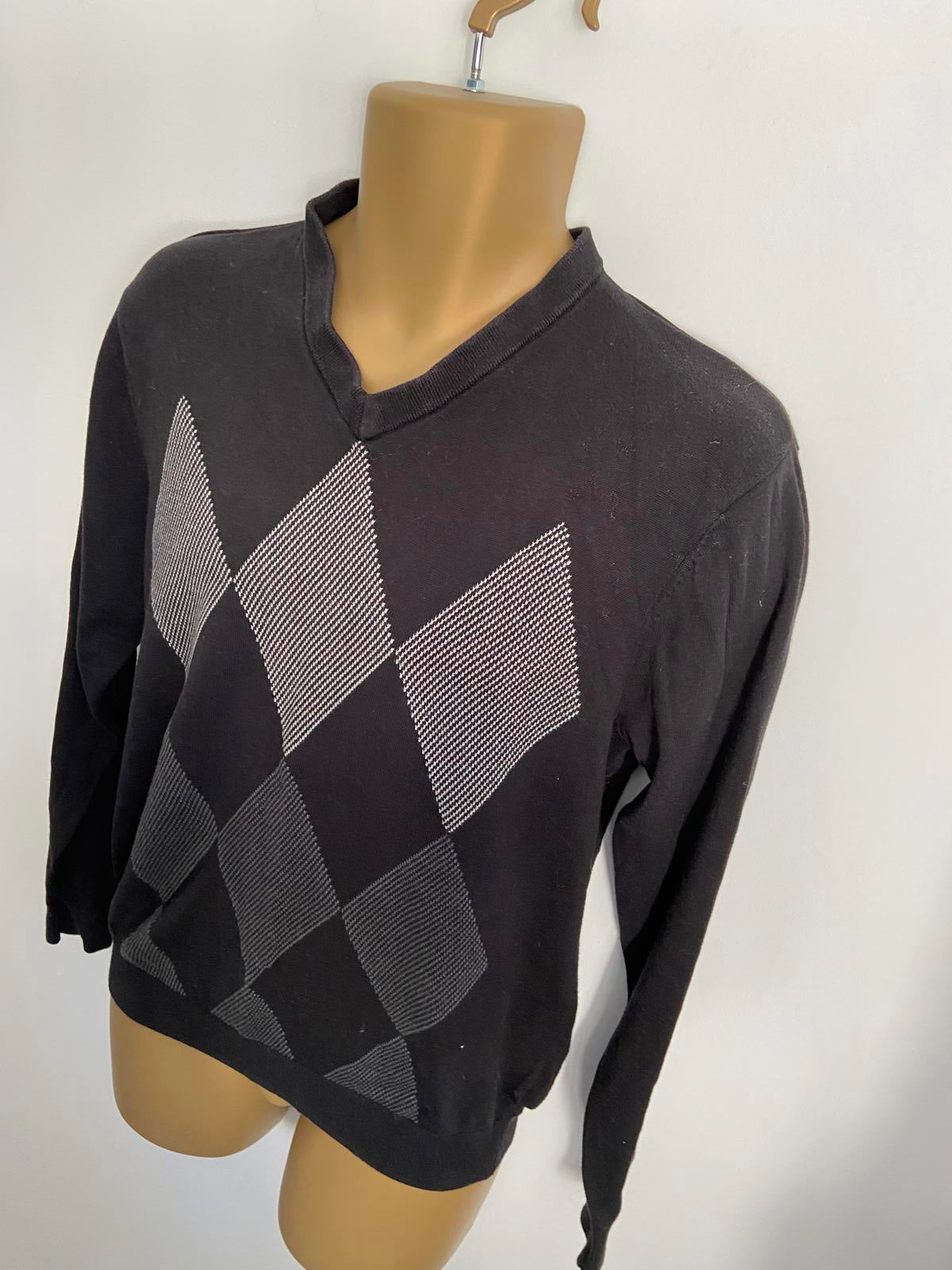 Ashworth Size Medium Black 100% Cotton V-Neck Golf Jumper Diamond Argyle Print