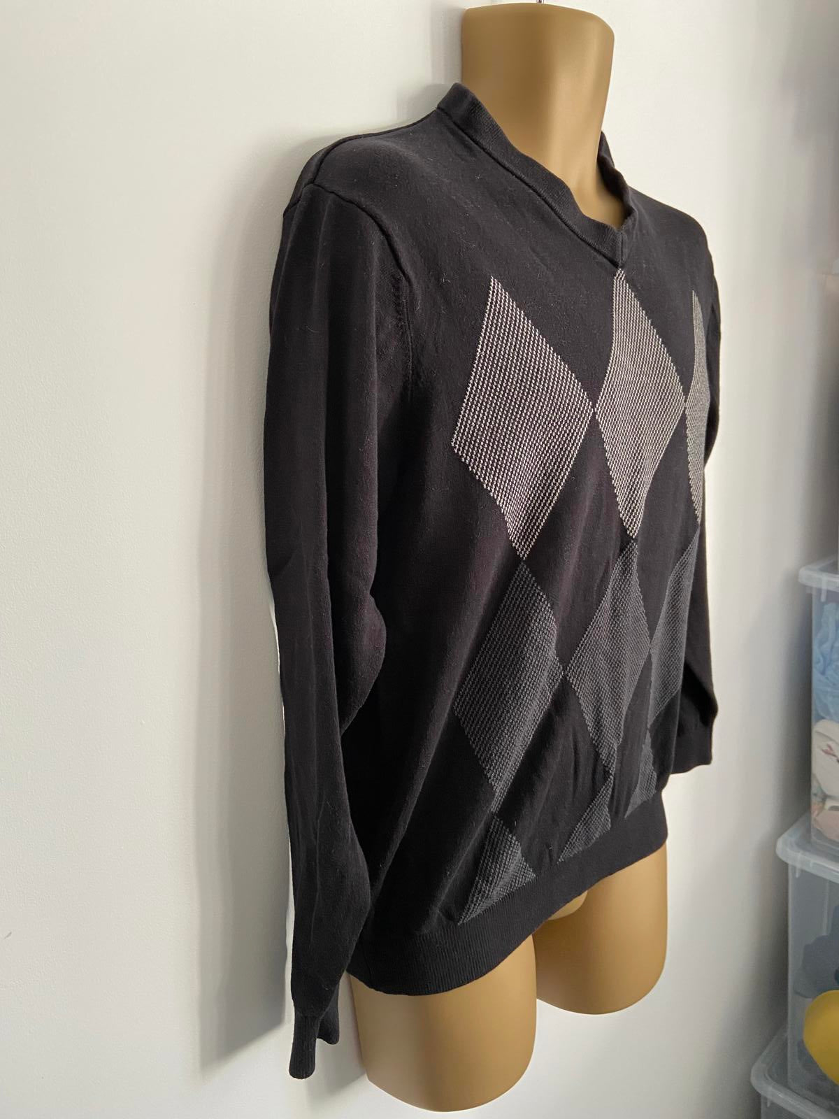 Ashworth Size Medium Black 100% Cotton V-Neck Golf Jumper Diamond Argyle Print