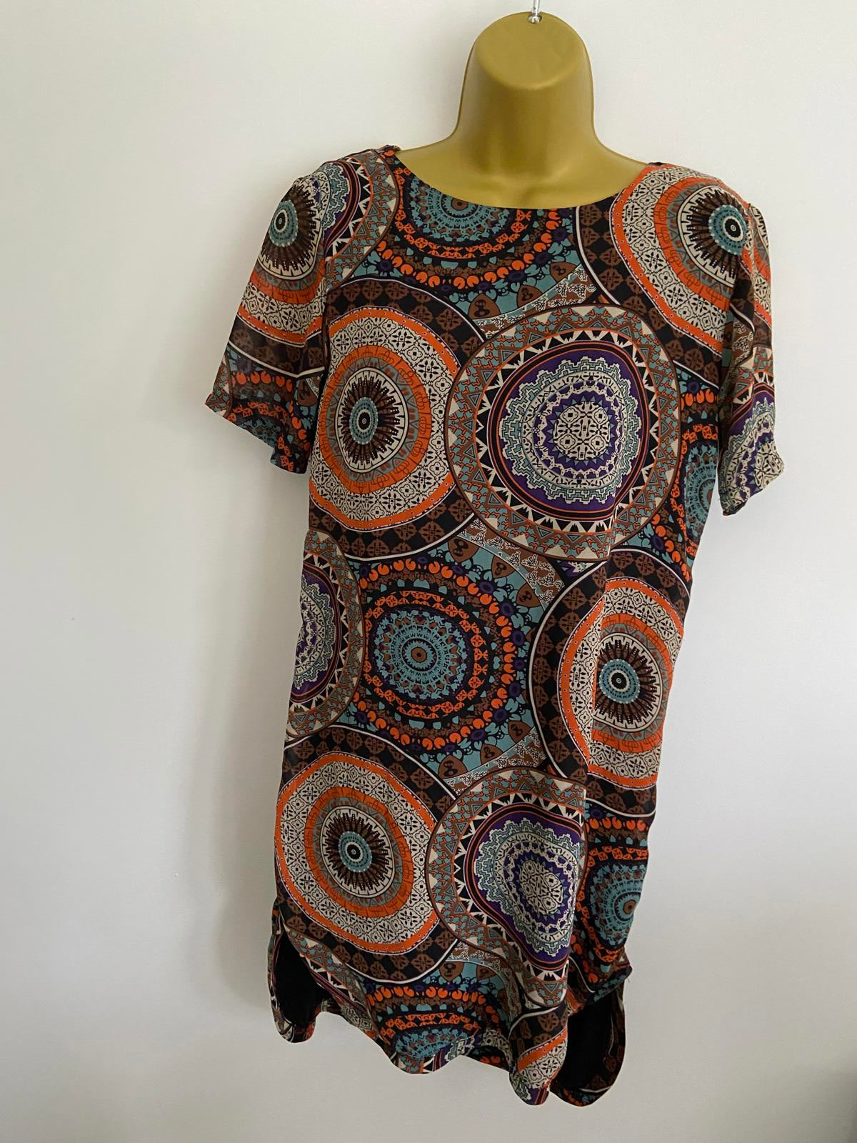 Boohoo Mandala Print Shift Dress / Tunic - Scoop Neck, Zip Back, Size 8