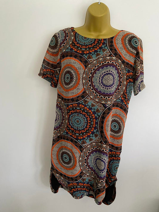 Boohoo Mandala Print Shift Dress / Tunic - Scoop Neck, Zip Back, Size 8