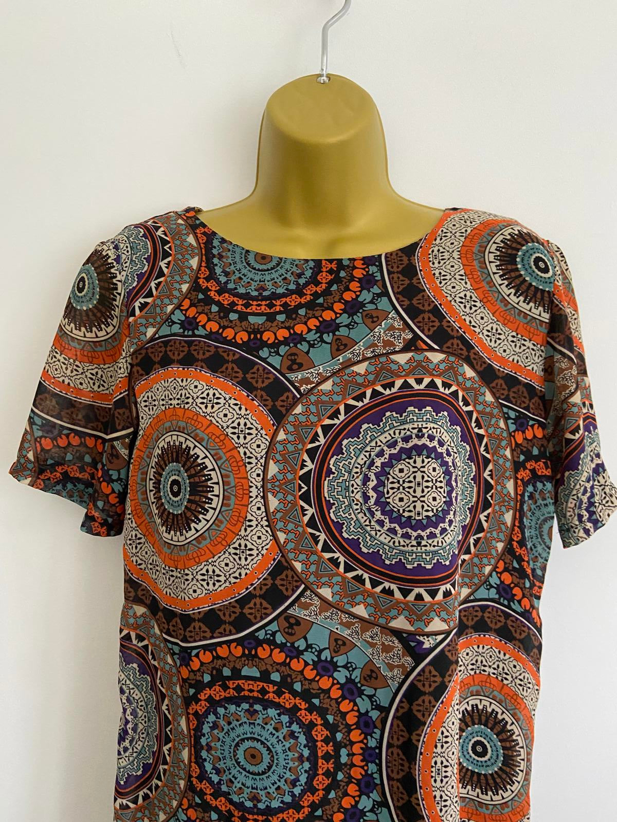 Boohoo Mandala Print Shift Dress / Tunic - Scoop Neck, Zip Back, Size 8