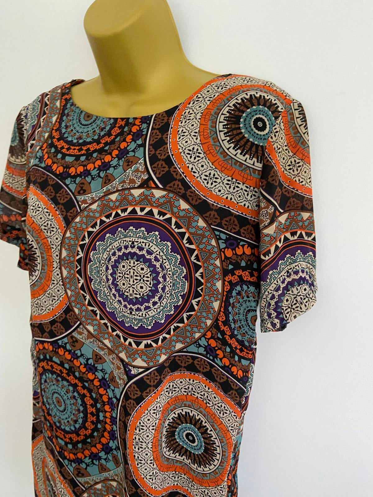 Boohoo Mandala Print Shift Dress / Tunic - Scoop Neck, Zip Back, Size 8