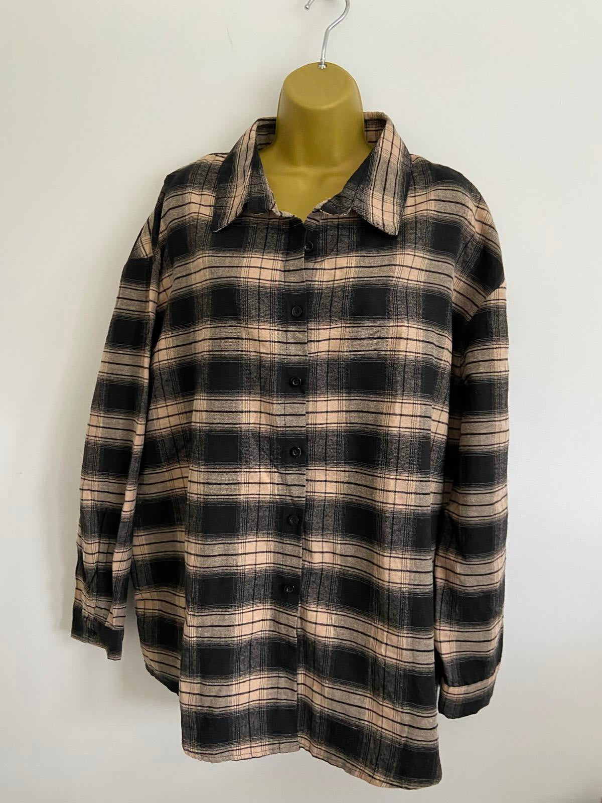 SHEIN Plaid Flannel Shirt - Black & Tan, Oversized Fit, Size XL
