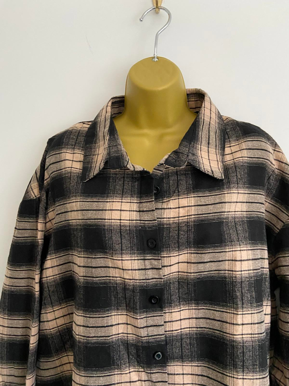 SHEIN Plaid Flannel Shirt - Black & Tan, Oversized Fit, Size XL