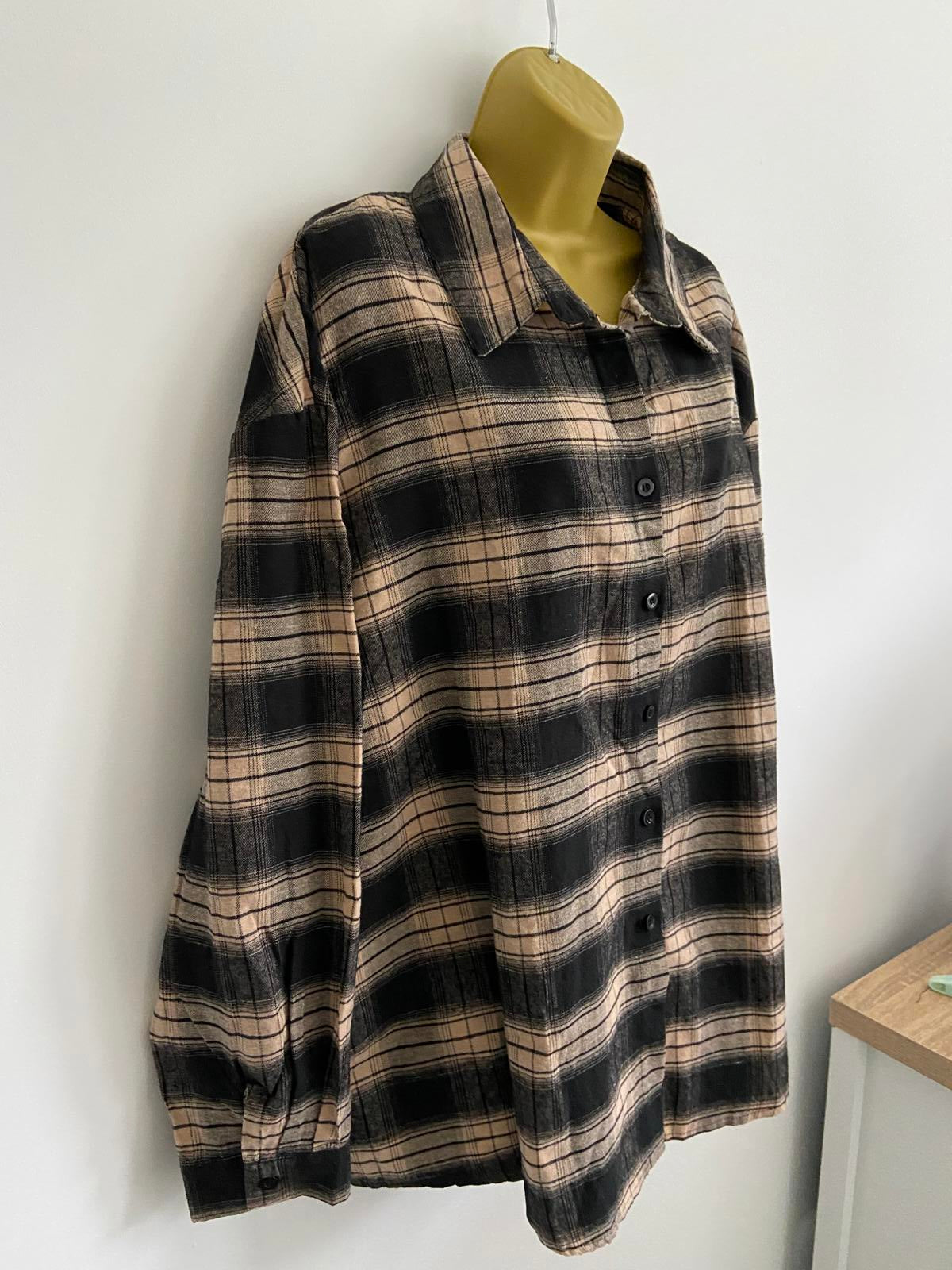 SHEIN Plaid Flannel Shirt - Black & Tan, Oversized Fit, Size XL