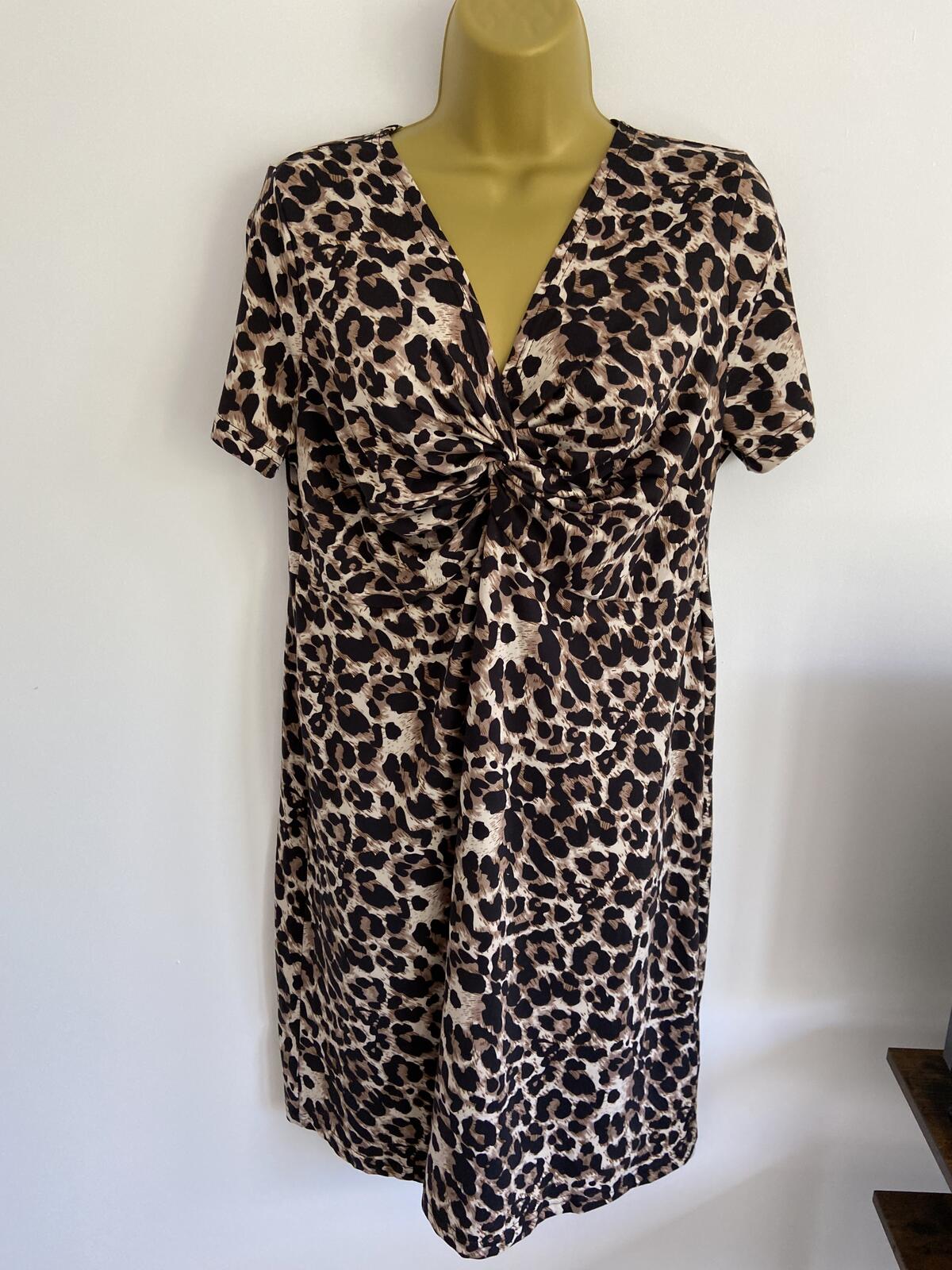 Leopard Print V-Neck Twist Front Midi Dress - Size Large