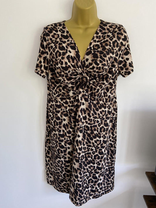 Leopard Print V-Neck Twist Front Midi Dress - Size Large
