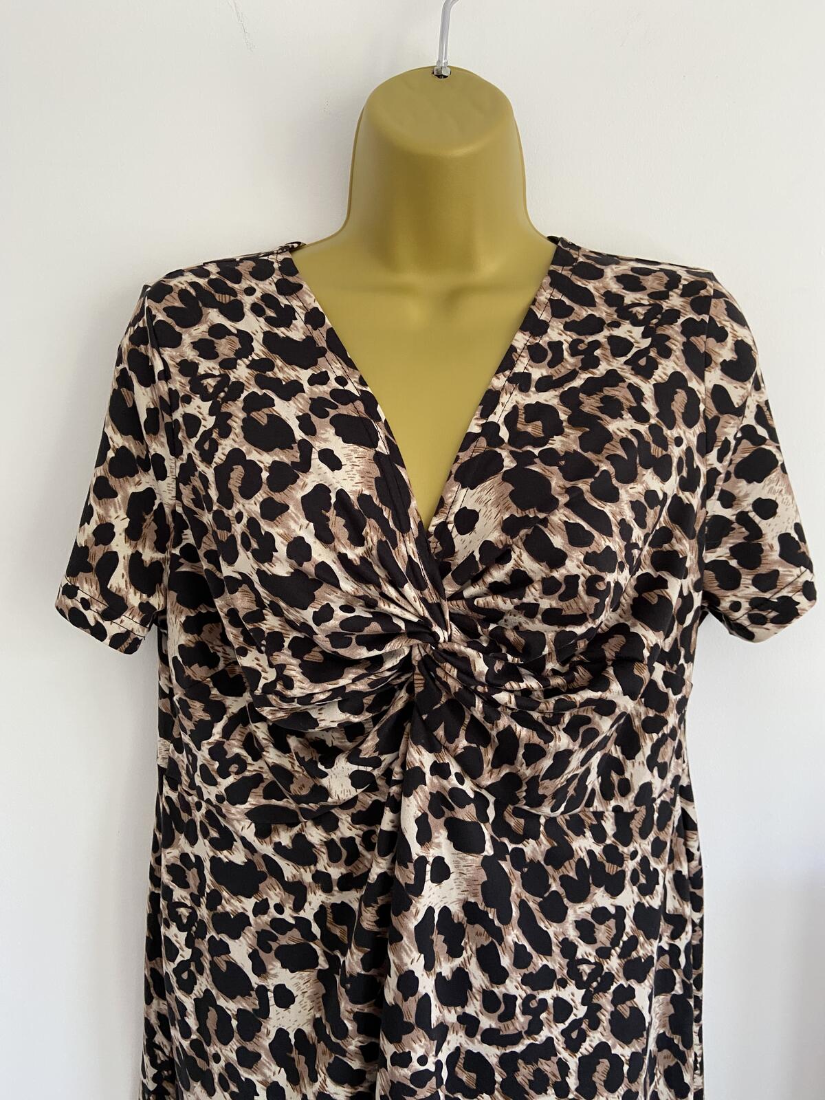 Leopard Print V-Neck Twist Front Midi Dress - Size Large