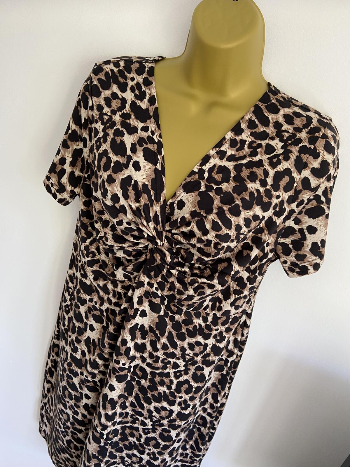 Leopard Print V-Neck Twist Front Midi Dress - Size Large
