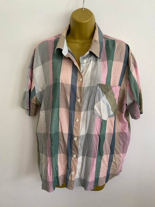 Unbranded Short Sleeve Plaid Shirt - Pink, Green & Grey Mix, M (12)