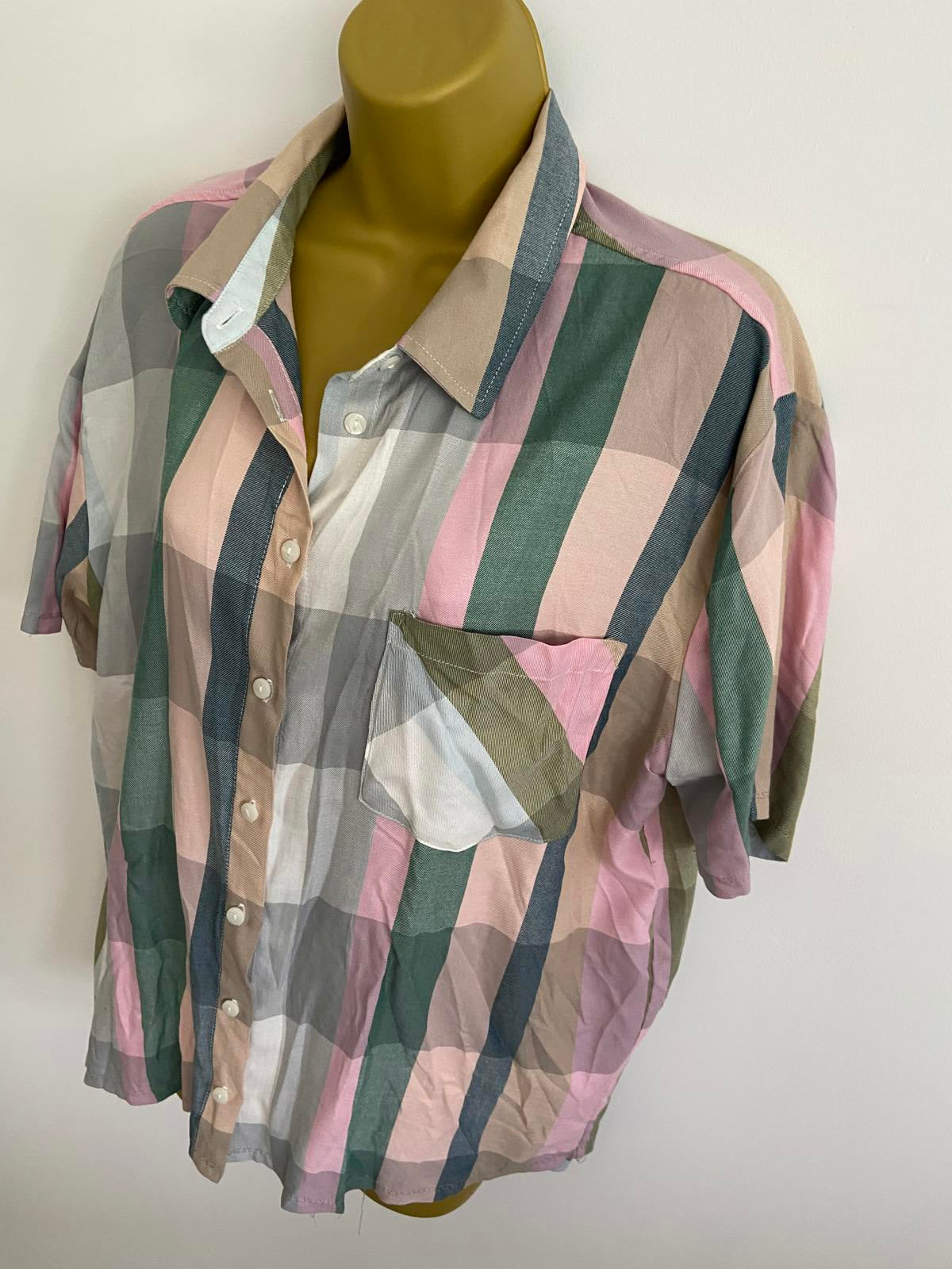 Unbranded Short Sleeve Plaid Shirt - Pink, Green & Grey Mix, M (12)