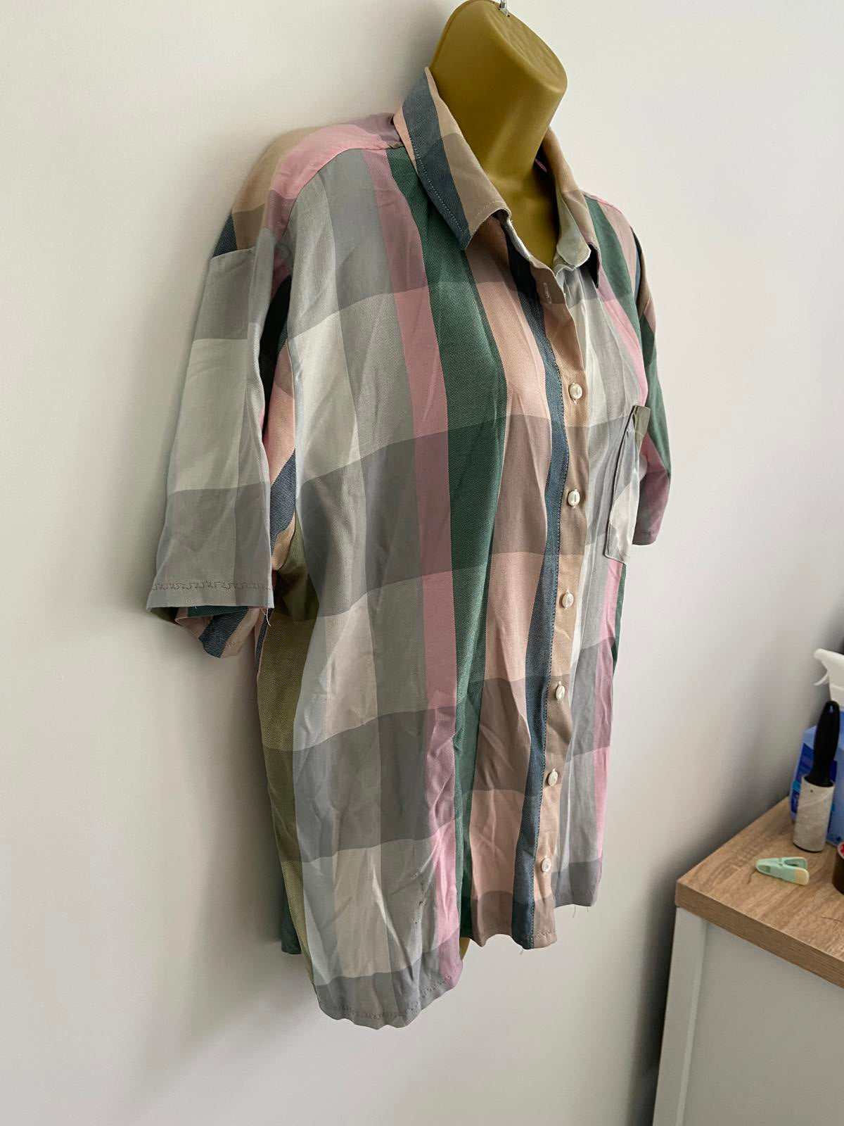 Unbranded Short Sleeve Plaid Shirt - Pink, Green & Grey Mix, M (12)