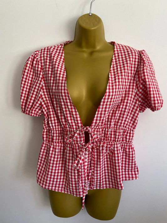 SHEIN Red & White Gingham Tie-Front Blouse, Puff Sleeve, Size Large (L)