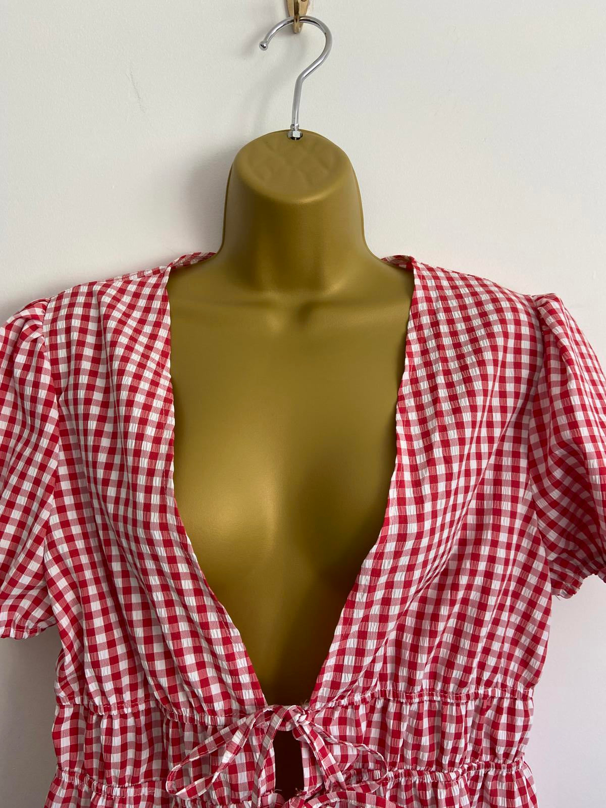 SHEIN Red & White Gingham Tie-Front Blouse, Puff Sleeve, Size Large (L)