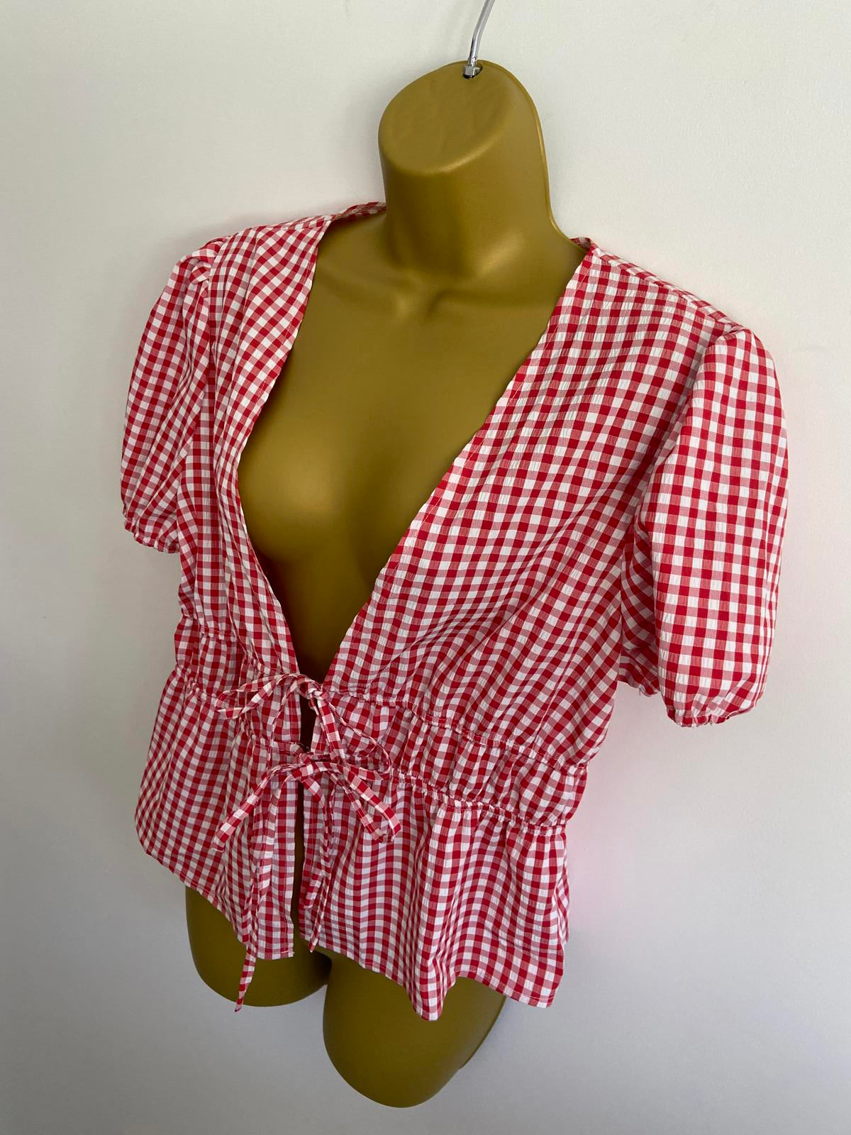 SHEIN Red & White Gingham Tie-Front Blouse, Puff Sleeve, Size Large (L)