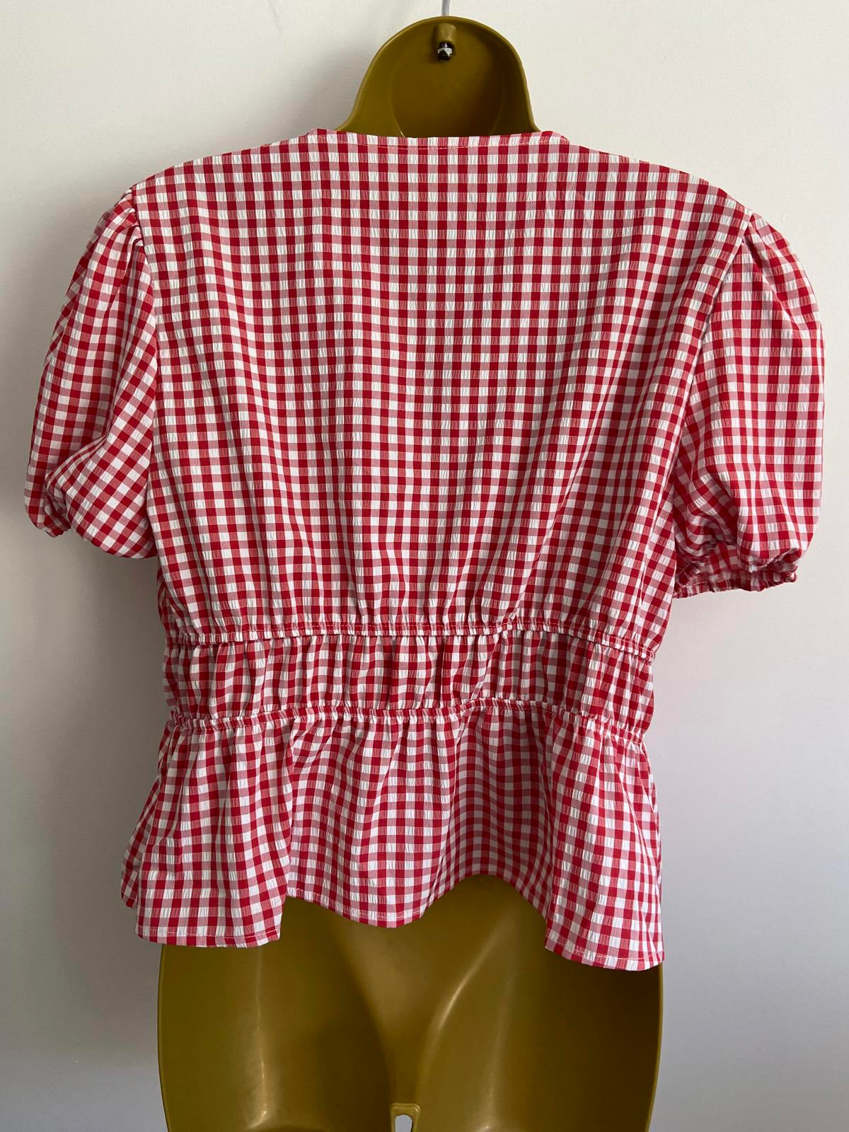 SHEIN Red & White Gingham Tie-Front Blouse, Puff Sleeve, Size Large (L)