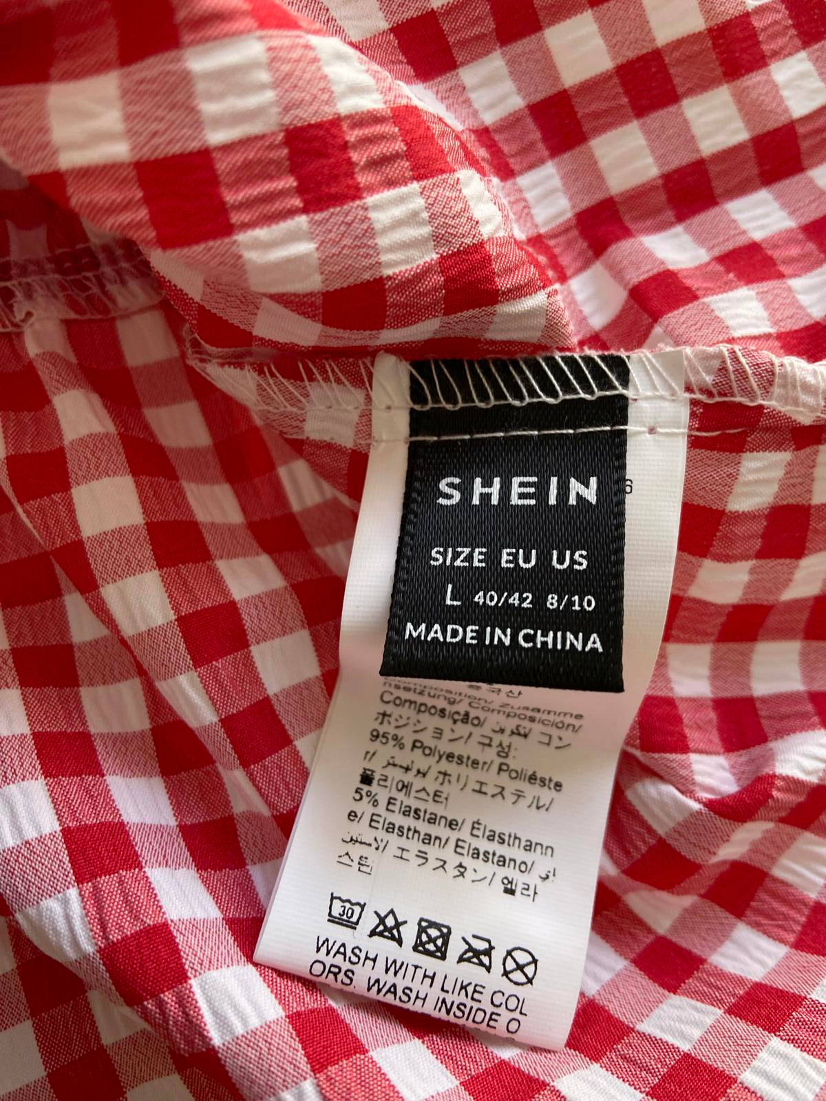 SHEIN Red & White Gingham Tie-Front Blouse, Puff Sleeve, Size Large (L)